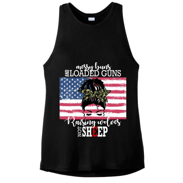 Messy Buns And Loaded Guns Raising Wolves Not Sheep Ladies PosiCharge Tri-Blend Wicking Tank