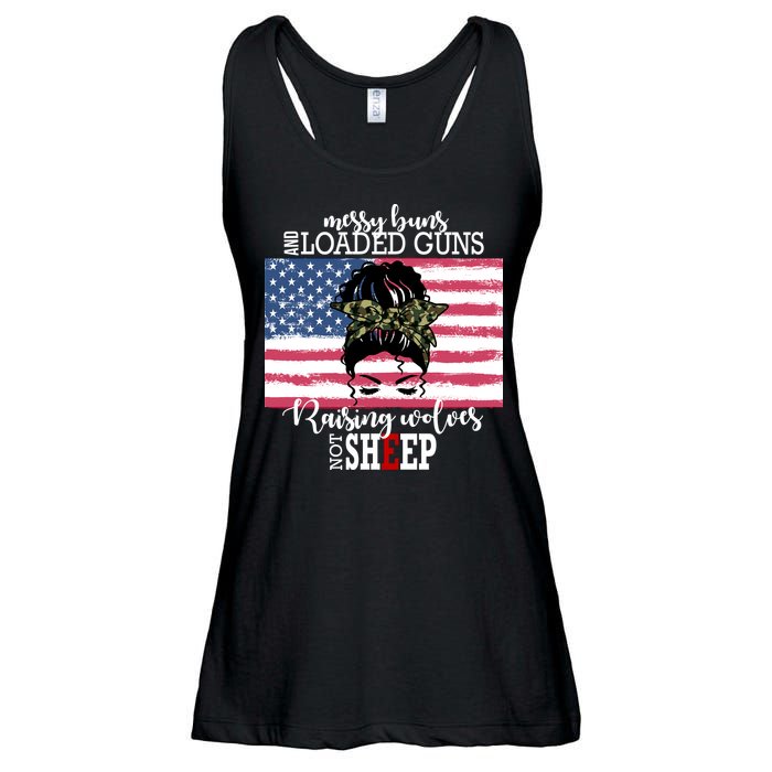 Messy Buns And Loaded Guns Raising Wolves Not Sheep Ladies Essential Flowy Tank
