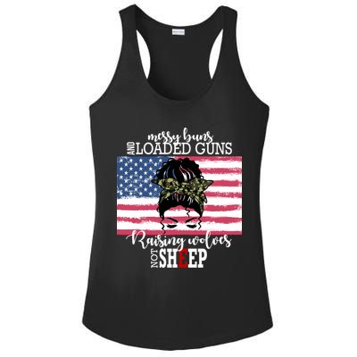 Messy Buns And Loaded Guns Raising Wolves Not Sheep Ladies PosiCharge Competitor Racerback Tank