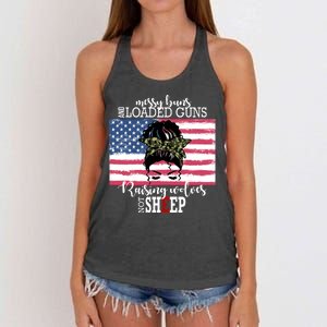 Messy Buns And Loaded Guns Raising Wolves Not Sheep Women's Knotted Racerback Tank