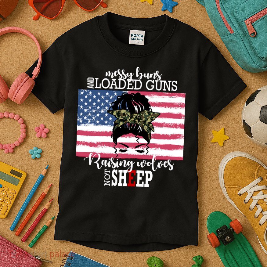 Messy Buns And Loaded Guns Raising Wolves Not Sheep Kids T-Shirt