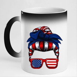 Messy Bun American Flag 4th Of July Patriotic Mom 11oz Black Color Changing Mug