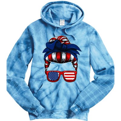 Messy Bun American Flag 4th Of July Patriotic Mom Tie Dye Hoodie