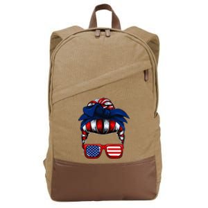 Messy Bun American Flag 4th Of July Patriotic Mom Cotton Canvas Backpack