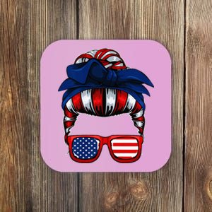 Messy Bun American Flag 4th Of July Patriotic Mom Coaster