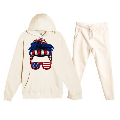 Messy Bun American Flag 4th Of July Patriotic Mom Premium Hooded Sweatsuit Set