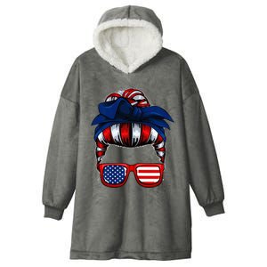 Messy Bun American Flag 4th Of July Patriotic Mom Hooded Wearable Blanket