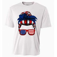 Messy Bun American Flag 4th Of July Patriotic Mom Cooling Performance Crew T-Shirt