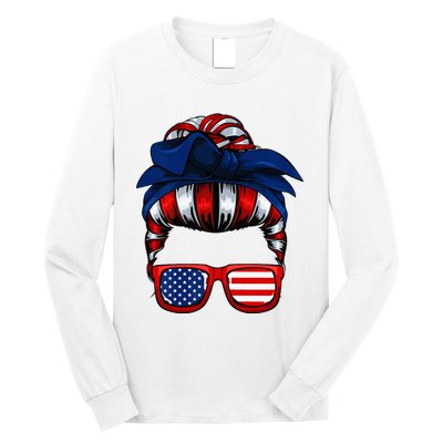 Messy Bun American Flag 4th Of July Patriotic Mom Long Sleeve Shirt