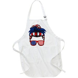 Messy Bun American Flag 4th Of July Patriotic Mom Full-Length Apron With Pockets