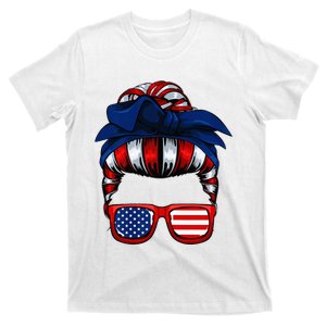 Messy Bun American Flag 4th Of July Patriotic Mom T-Shirt