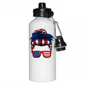 Messy Bun American Flag 4th Of July Patriotic Mom Aluminum Water Bottle