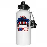 Messy Bun American Flag 4th Of July Patriotic Mom Aluminum Water Bottle