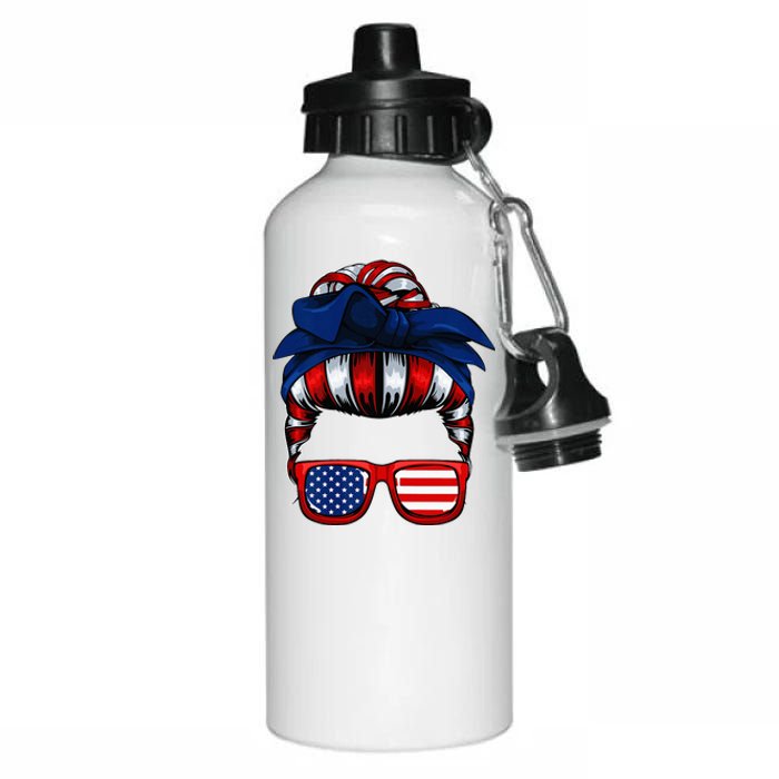 Messy Bun American Flag 4th Of July Patriotic Mom Aluminum Water Bottle