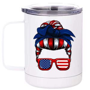 Messy Bun American Flag 4th Of July Patriotic Mom 12 oz Stainless Steel Tumbler Cup