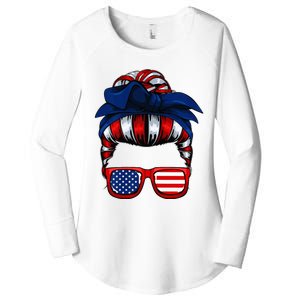 Messy Bun American Flag 4th Of July Patriotic Mom Women's Perfect Tri Tunic Long Sleeve Shirt