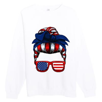 Messy Bun American Flag 4th Of July Patriotic Mom Premium Crewneck Sweatshirt