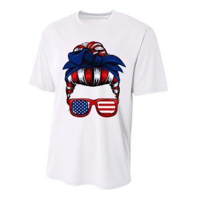 Messy Bun American Flag 4th Of July Patriotic Mom Performance Sprint T-Shirt