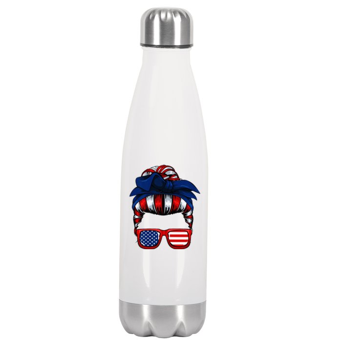 Messy Bun American Flag 4th Of July Patriotic Mom Stainless Steel Insulated Water Bottle