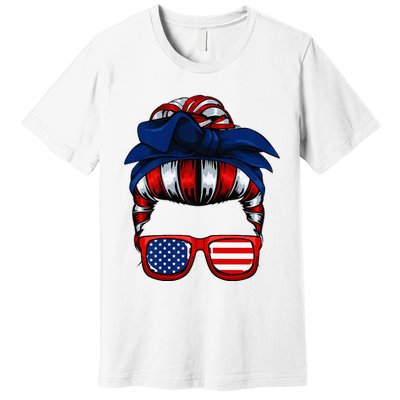 Messy Bun American Flag 4th Of July Patriotic Mom Premium T-Shirt