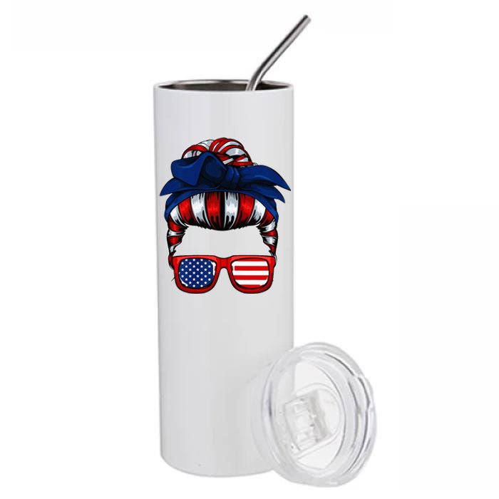 Messy Bun American Flag 4th Of July Patriotic Mom Stainless Steel Tumbler