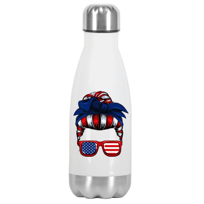 Messy Bun American Flag 4th Of July Patriotic Mom Stainless Steel Insulated Water Bottle