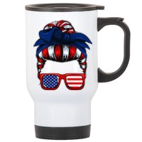 Messy Bun American Flag 4th Of July Patriotic Mom Stainless Steel Travel Mug