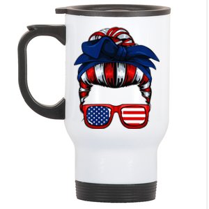 Messy Bun American Flag 4th Of July Patriotic Mom Stainless Steel Travel Mug