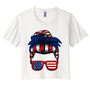 Messy Bun American Flag 4th Of July Patriotic Mom Women's Crop Top Tee