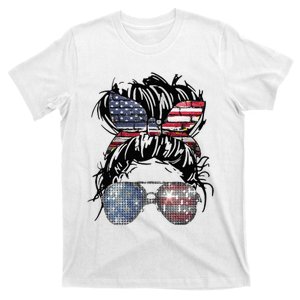 Messy Bun American Flag Glasses 4th Of July Patriotic T-Shirt