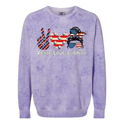 Messy Bun America Flag Peace Love America 4th Of July Funny Gift Colorblast Crewneck Sweatshirt