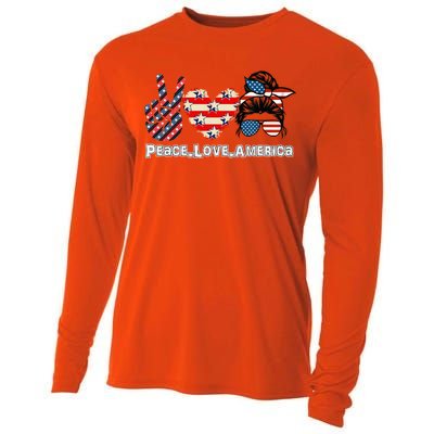 Messy Bun America Flag Peace Love America 4th Of July Funny Gift Cooling Performance Long Sleeve Crew