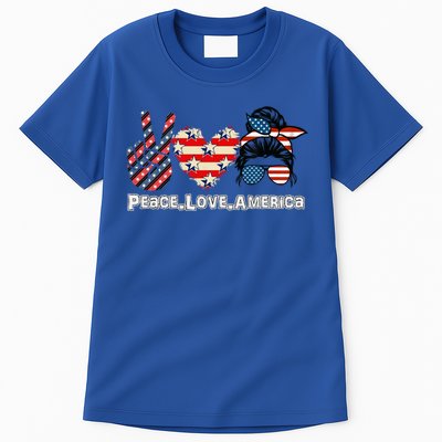 Messy Bun America Flag Peace Love America 4th Of July Funny Gift Tall T-Shirt