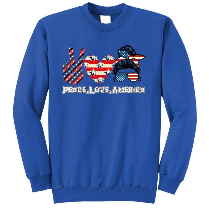 Messy Bun America Flag Peace Love America 4th Of July Funny Gift Tall Sweatshirt