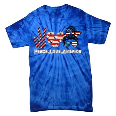 Messy Bun America Flag Peace Love America 4th Of July Funny Gift Tie-Dye T-Shirt