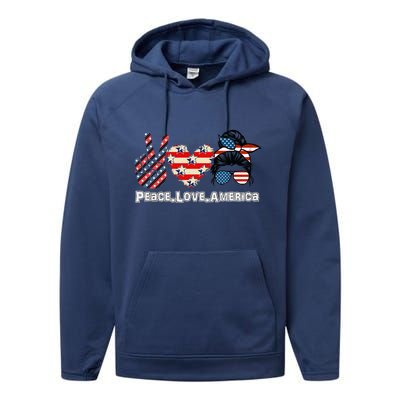 Messy Bun America Flag Peace Love America 4th Of July Funny Gift Performance Fleece Hoodie