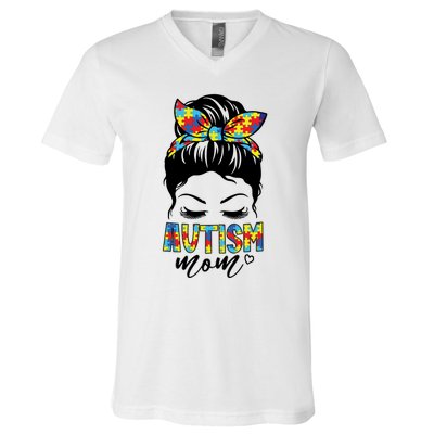 Messy Bun Autism Mom V-Neck T-Shirt