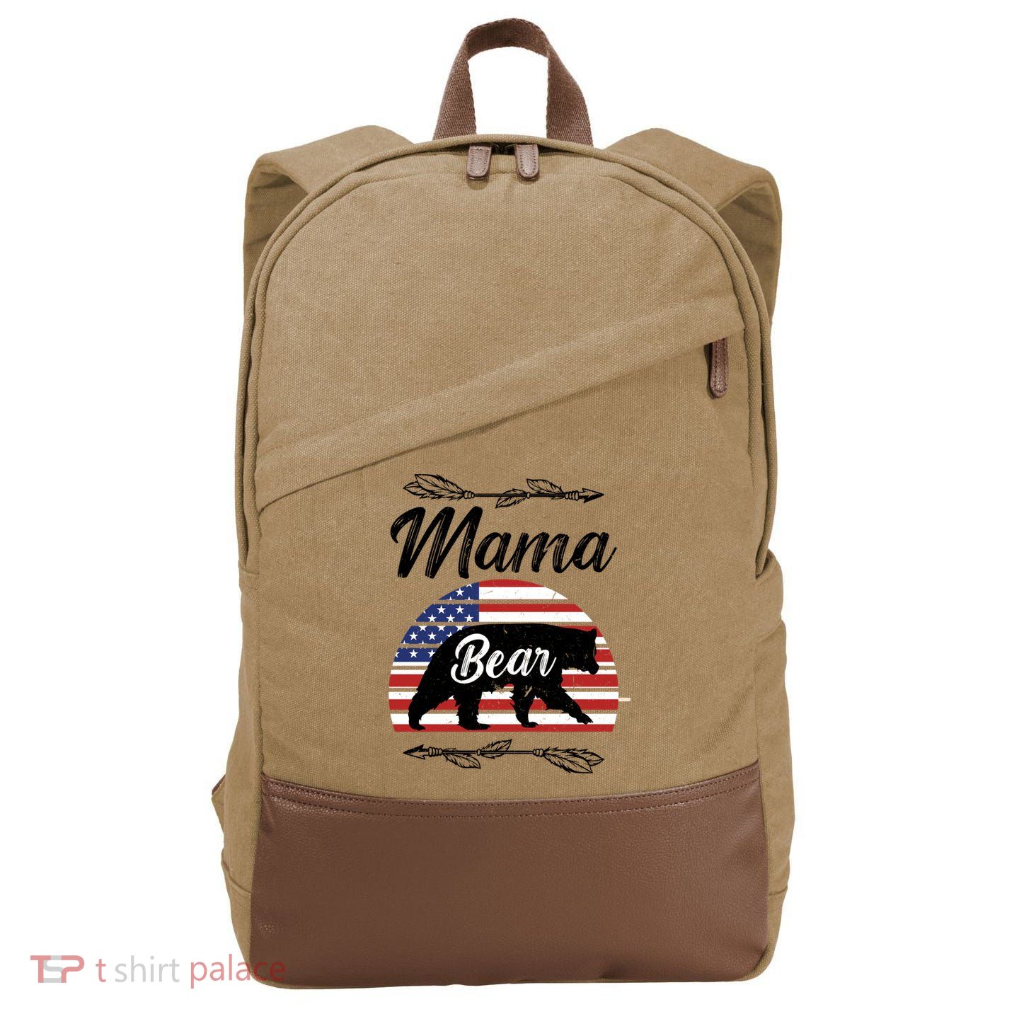 Mama Bear American Flag Funny Gift Cotton Canvas Backpack
