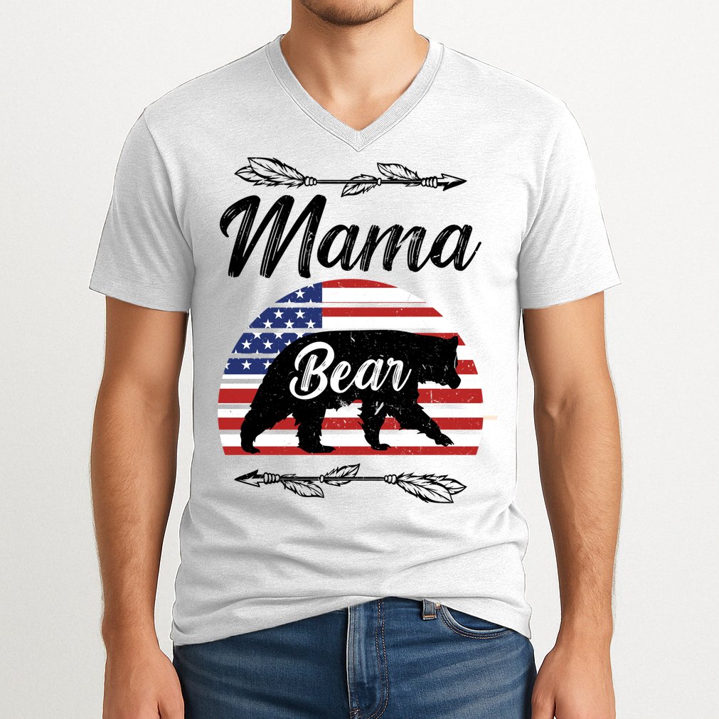 Mama Bear American Flag Funny Gift V-Neck T-Shirt