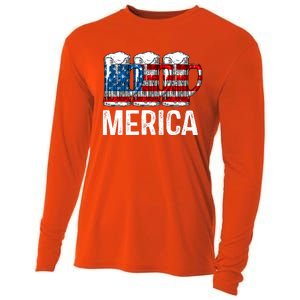 Merica Beer American Flag 4th Of July Cooling Performance Long Sleeve Crew