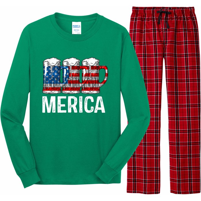 Merica Beer American Flag 4th Of July Long Sleeve Pajama Set