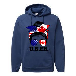 Messy Bun American Canadian Flag Sunglasses Us Eh Canada Day Tank Top Performance Fleece Hoodie