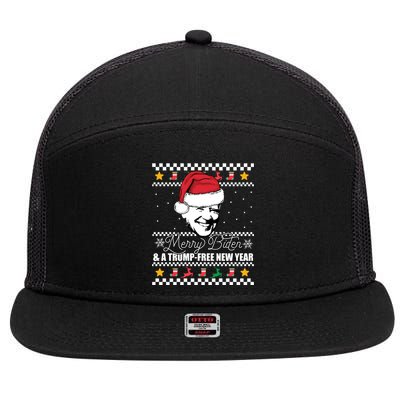 Merry Biden And A Trumpfree New Year Ugly Christmas Gift 7 Panel Mesh Trucker Snapback Hat