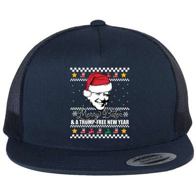 Merry Biden And A Trumpfree New Year Ugly Christmas Gift Flat Bill Trucker Hat