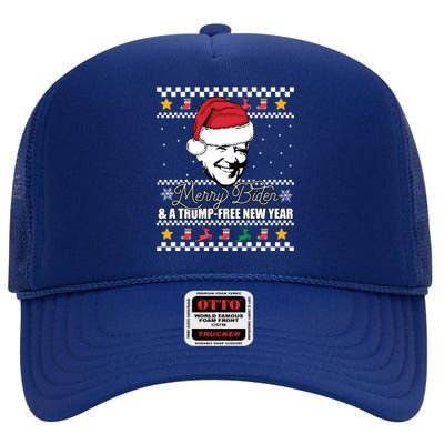 Merry Biden And A Trumpfree New Year Ugly Christmas Gift High Crown Mesh Back Trucker Hat