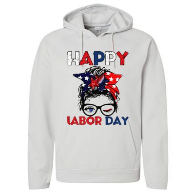 Messy Bun American Flag Labor Day Woman USA Vintage Performance Fleece Hoodie