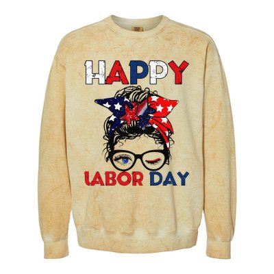 Messy Bun American Flag Labor Day Woman USA Vintage Colorblast Crewneck Sweatshirt