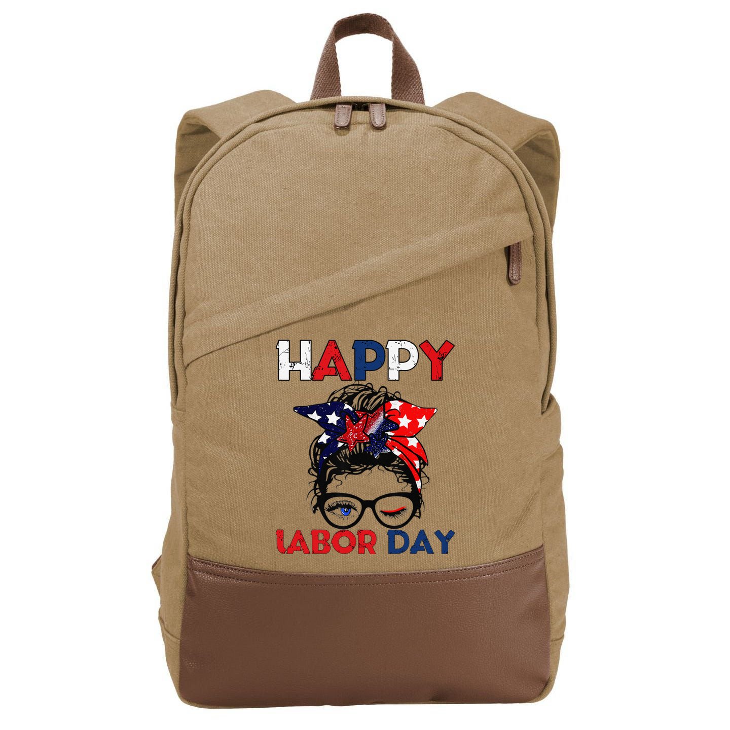 Messy Bun American Flag Labor Day Woman USA Vintage Cotton Canvas Backpack