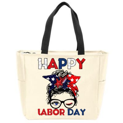 Messy Bun American Flag Labor Day Woman USA Vintage Zip Tote Bag