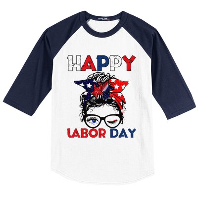 Messy Bun American Flag Labor Day Woman USA Vintage Baseball Sleeve Shirt